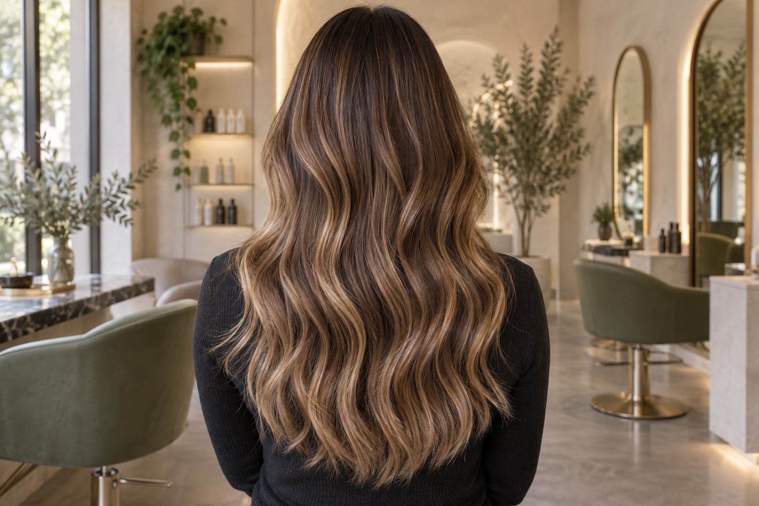 Cabello largo con ondas y reflejos balayage en tonos miel