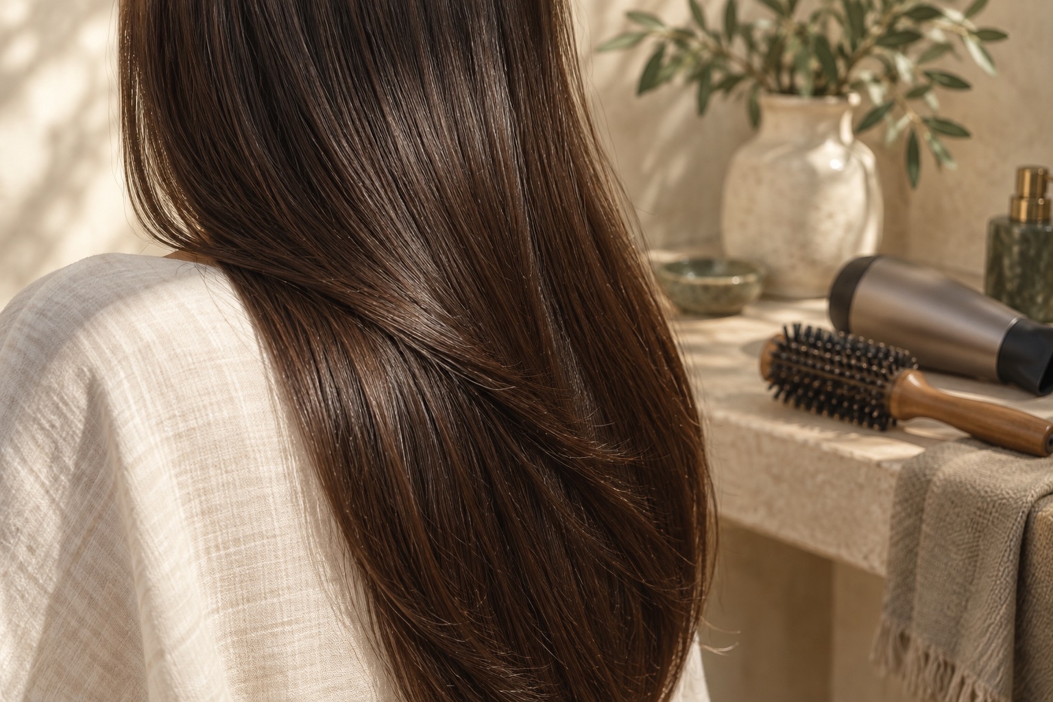 Detalle de cabello castaño liso y herramientas de peinado